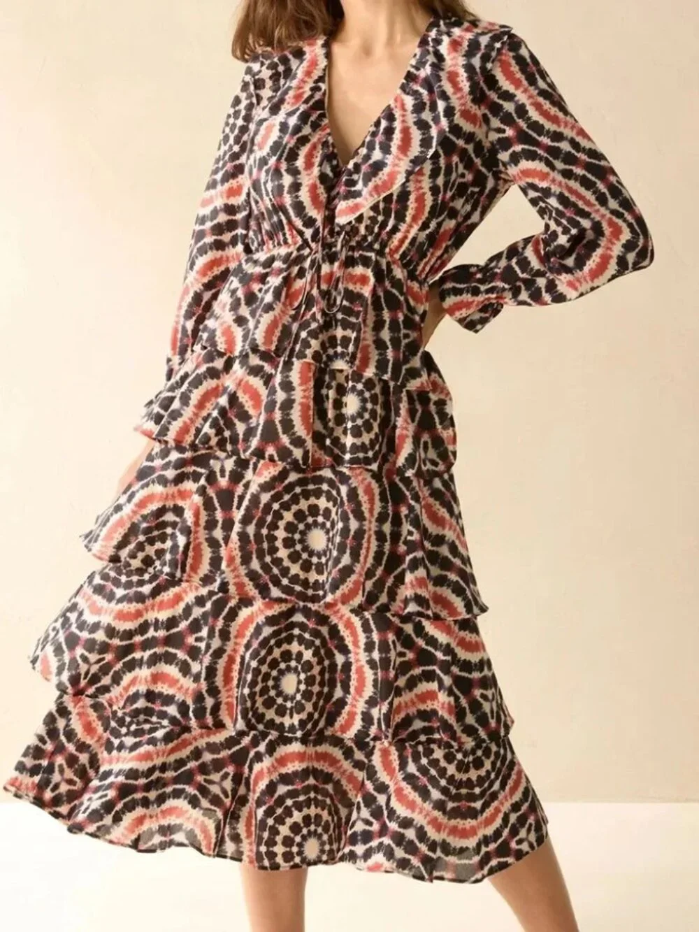 MARIE OLIVER Blythe Midi‎ Dress in Mandala Tie-Dye maxi Flowy tiered ruffles V